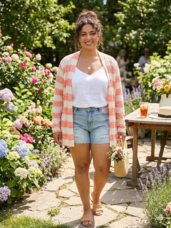 Chris & Carol Sweaters - Chris & Carol Striped Open Cardigan in Coral and Cream